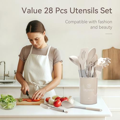 NCUE Kitchen Utensils Set, NCUE 28 Pcs Silicone Cooking Utensils Set with Holder, Spatula Set, Silicone Whisk, Scissors, Measuring Cups and Spoons Set with Stainless Steel Handle Kitchen Gadgets (Khaki) - Image 2