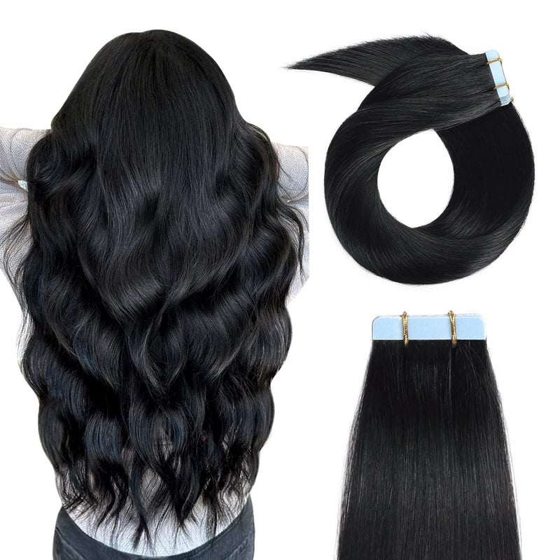 YILITE Tape in Hair Extensions Human Hair Jet Black 1 20 inches 20pcs 50gpack Straight Seamless Skin Weft Invisible Tape in Human Hair Extensions 20Inche Jet Black 1