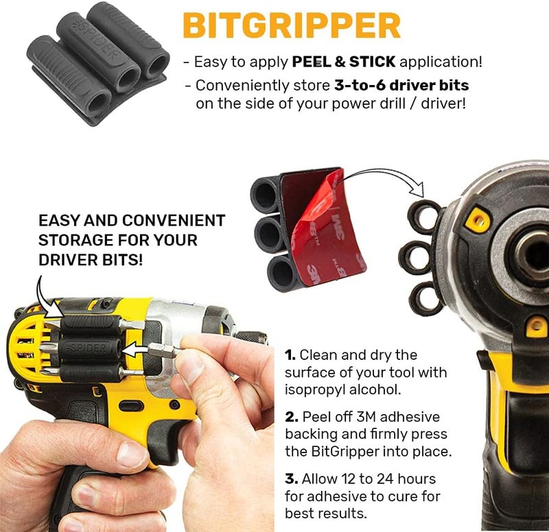 SPIDER Tool Holster - BitGripper v2 - Pack of Four - High Strength 3M Adhesive Drill add-on for Easy Access to six Driver bits on The Side of Your Power Drill or Driver! - Image 3