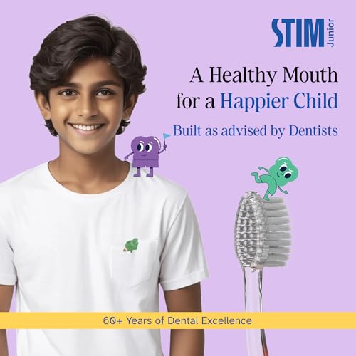 STIM Junior Kids Toothbrush | Soft bristles | 10 to 15 Years | Perfectly sized brush with thumb grip & tongue scraper | For Independent brushing | (Pack of 3) - Image 5