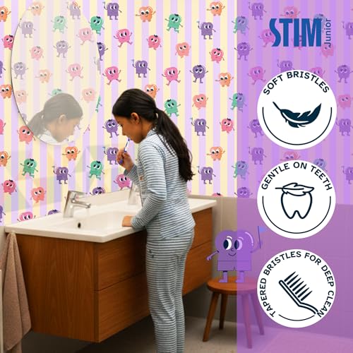 STIM Junior Kids Toothbrush | Soft bristles | 10 to 15 Years | Perfectly sized brush with thumb grip & tongue scraper | For Independent brushing | (Pack of 3) - Image 3