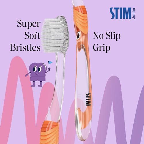 STIM Junior Kids Toothbrush | Soft bristles | 10 to 15 Years | Perfectly sized brush with thumb grip & tongue scraper | For Independent brushing | (Pack of 3) - Image 2