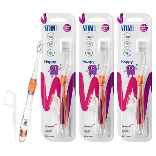 STIM Junior Kids Toothbrush | Soft bristles | 10 to 15 Years | Perfectly sized brush with thumb grip & tongue scraper | For Independent brushing | (Pack of 3) - Image 1
