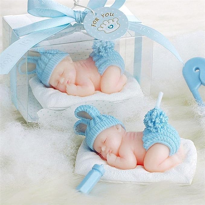 Babies Bloom Blue Baby Shower Candle Favor, Birthday Cake Topper Candle Set of 2 - Image 1