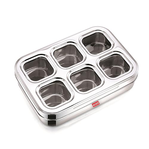 AVIAS 6 Square Stainless Steel Spice Box With See-Through Glass Lid /6 Containers Storage Box/Durable Masala Dani/Masala Box For Kitchen/Dry Fruit Organiser/Anjarai Petti/Design - Silver - Image 1