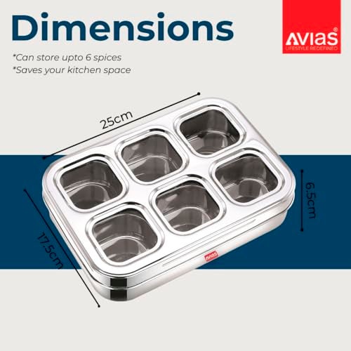 AVIAS 6 Square Stainless Steel Spice Box With See-Through Glass Lid /6 Containers Storage Box/Durable Masala Dani/Masala Box For Kitchen/Dry Fruit Organiser/Anjarai Petti/Design - Silver - Image 5
