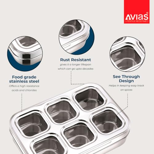 AVIAS 6 Square Stainless Steel Spice Box With See-Through Glass Lid /6 Containers Storage Box/Durable Masala Dani/Masala Box For Kitchen/Dry Fruit Organiser/Anjarai Petti/Design - Silver - Image 2
