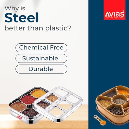 AVIAS 6 Square Stainless Steel Spice Box With See-Through Glass Lid /6 Containers Storage Box/Durable Masala Dani/Masala Box For Kitchen/Dry Fruit Organiser/Anjarai Petti/Design - Silver - Image 3