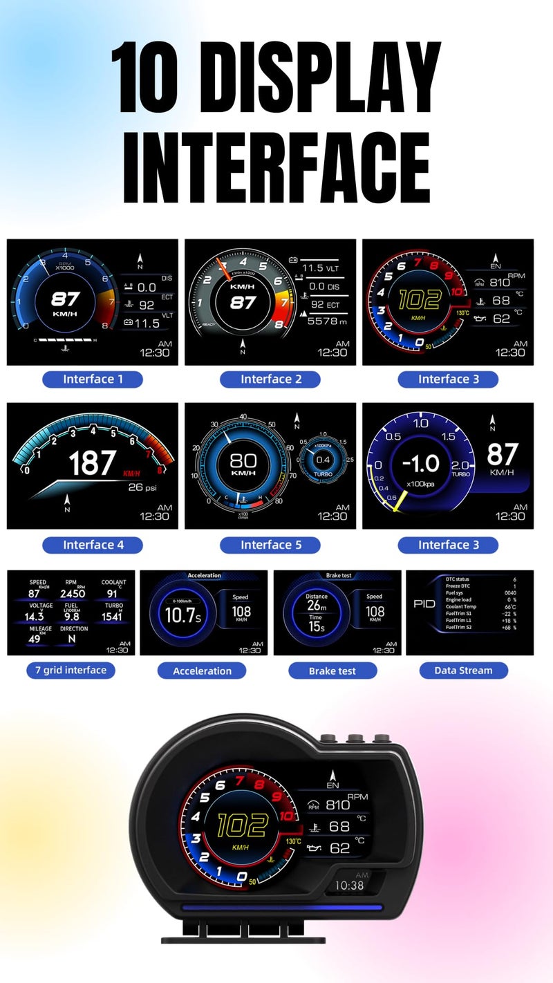 Techadro TA-H1 HUD OBD2 GPS Smart Gauge Speedometer – High-Resolution, No Delay Head-Up Display, 10 Interfaces, RPM, Fuel, Turbo, Temp Monitoring for Cars - Image 3