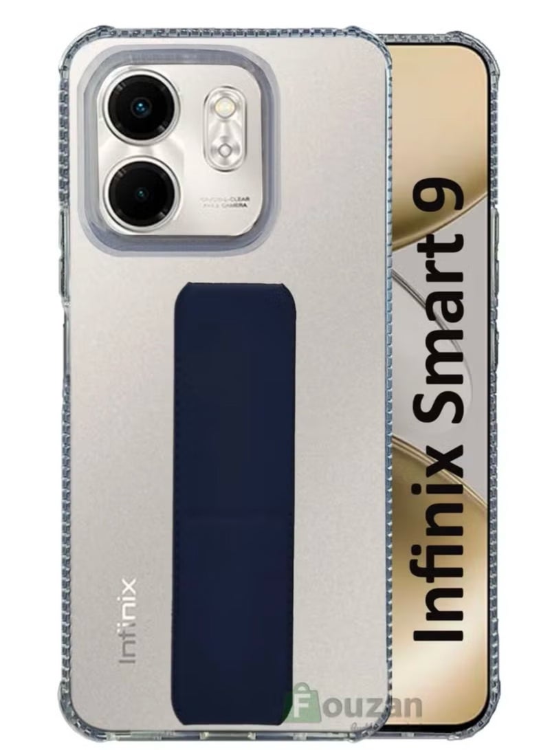 For Infinix Smart 9 Transparent Shock Proof Silicone- Magnetic Case With Hand Grip Holder & Kickstand -Clear/Navy Blue - Image 1