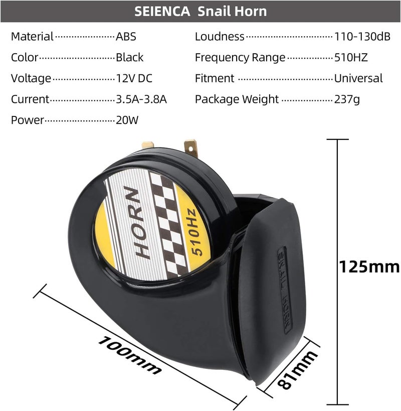 SEINECA Universal 12V Snail Horn Siren 130DB High Tone 510HZ Waterproof Electric Air Horn for Motorcycle Auto Car Scooter(Black). - Image 4