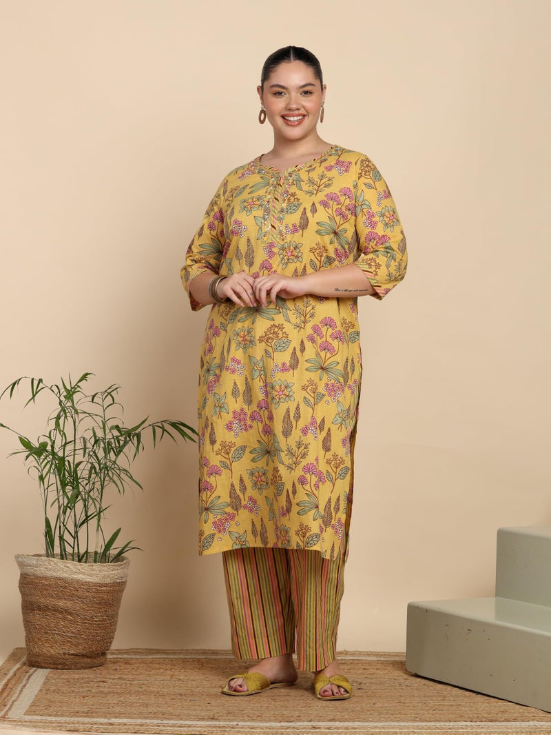 Yash Gallery Women’s Yellow Floral Printed Cambric Cotton Kurta Set with Striped Pants & Dupatta - Image 2