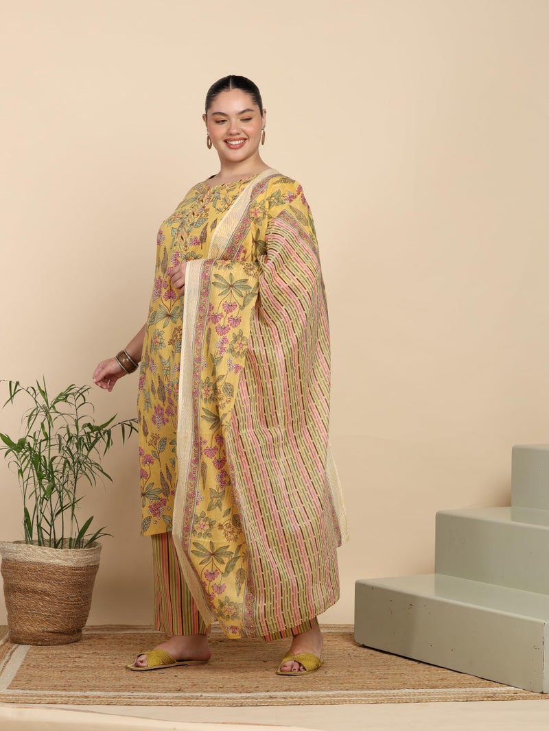 Yash Gallery Women’s Yellow Floral Printed Cambric Cotton Kurta Set with Striped Pants & Dupatta - Image 3