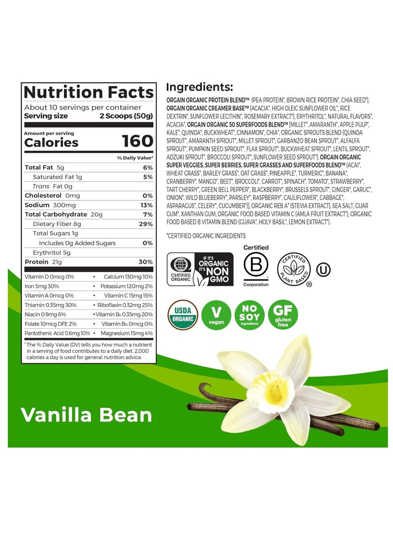 Orgain Organic Protein  50 Superfoods Protein Powder Vanilla Bean 18oz (1.12lb) 510g - Image 2