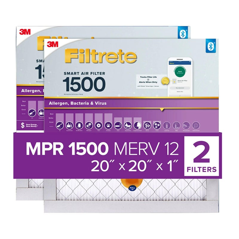 Filtrete 20x20x1 AC Furnace SMART Air Filter, MERV 12, MPR 1500, Track Filter Life With Bluetooth Enabled Sensor, CERTIFIED asthma & allergy friendly, 2-Pack (Actual Size 19.719x19.719x0.78 in) - Image 1