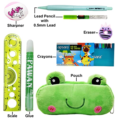 PARTEET Combo Pack of 1 Soft Pouch, 1 Scale, 1 Glue, 1 Eraser, 1 Sharpner, 1 Lead Pencil with Extra Leads, 12Pc Crayons Colour for Kids (Combo Pack of 7 Items) - Image 2