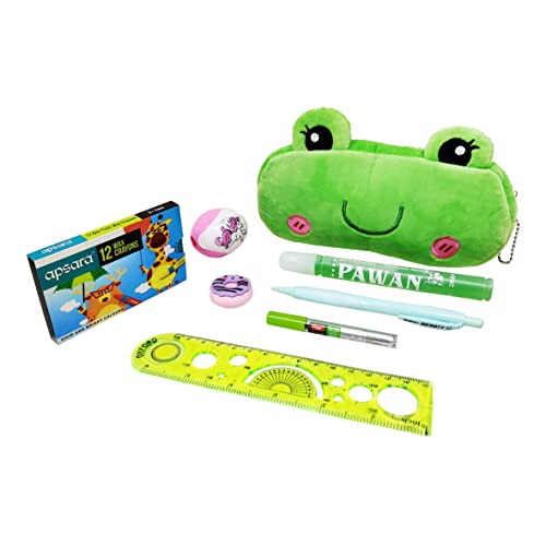 PARTEET Combo Pack of 1 Soft Pouch, 1 Scale, 1 Glue, 1 Eraser, 1 Sharpner, 1 Lead Pencil with Extra Leads, 12Pc Crayons Colour for Kids (Combo Pack of 7 Items) - Image 1