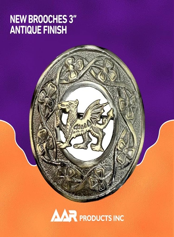 AAR Scottish Kilt Fly Plaid Brooch Welsh Dragon Antique/Chrome Finish 3" (7cm) (Antique) S - Image 3