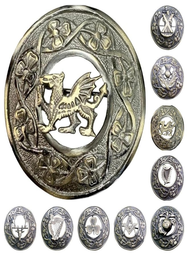 AAR Scottish Kilt Fly Plaid Brooch Welsh Dragon Antique/Chrome Finish 3" (7cm) (Antique) S - Image 1