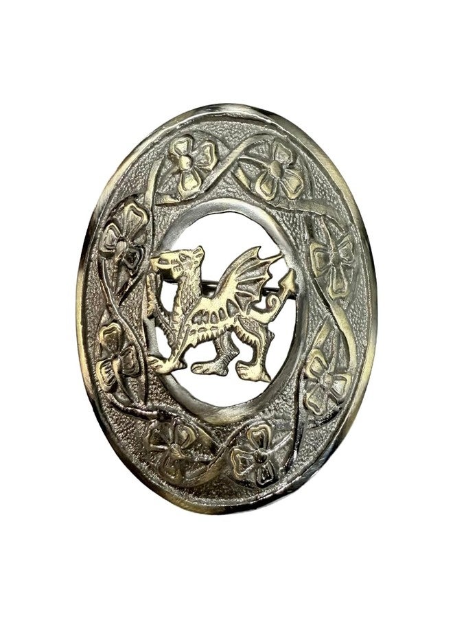 AAR Scottish Kilt Fly Plaid Brooch Welsh Dragon Antique/Chrome Finish 3" (7cm) (Antique) S - Image 2