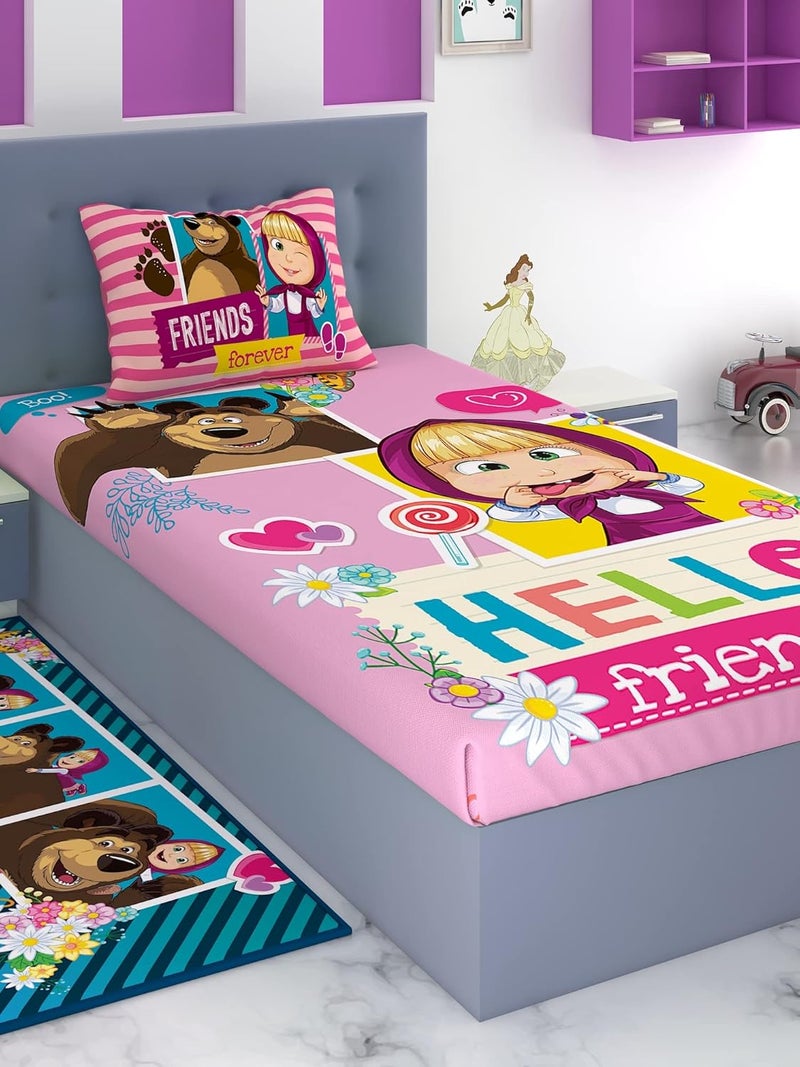 Athom Trendz شراشف أطفال قطنية مفردة بتصميم ماشا والدب 180 TC 147x223 سم - Image 1
