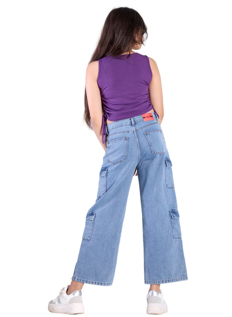 JBS DENIM - Girls' Wide Leg Cargo Jeans, Light Blue - Image 1
