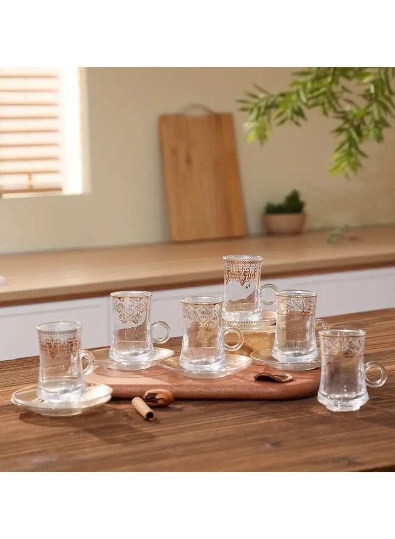 طقم فناجين قهوة وشاي تركية مكون من 18 قطعة مع ملاعق، طقم فناجين شاي وصحن على الطراز الشرق أوسطي، 6 فناجين و6 أطباق و6 ملاعق، أدوات شرب ذهبية مثالية للمنزل والمكتب - Image 2