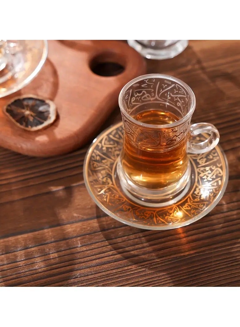 طقم فناجين قهوة وشاي تركية مكون من 18 قطعة مع ملاعق، طقم فناجين شاي وصحن على الطراز الشرق أوسطي، 6 فناجين و6 أطباق و6 ملاعق، أدوات شرب ذهبية مثالية للمنزل والمكتب - Image 4