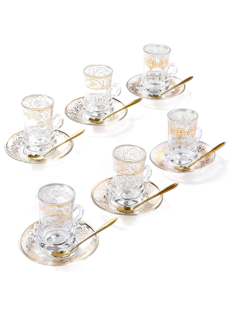 18-Piece Turkish Tea Coffee Cups and Saucers with Golden Spoons, Glass Tea Cup and Saucer Set of Middle Eastern Style Cups, 6 Cups,6 Plates and 6 Spoons, Gold-Plated Floral Pattern, Ideal for Ramadan, Eid & Family Hospitality, Heat-Resistant Coffee Tea Cups for Homes - Image 1