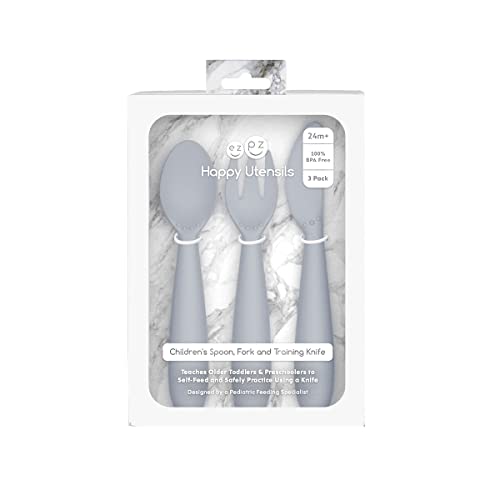 ezpz Happy Utensils (Pewter) - 24 Months+ - BPA Free Toddler Utensils - Fork, Spoon and Knife for Toddlers and Preschoolers - Kids for Self-Feeding Development - Image 3