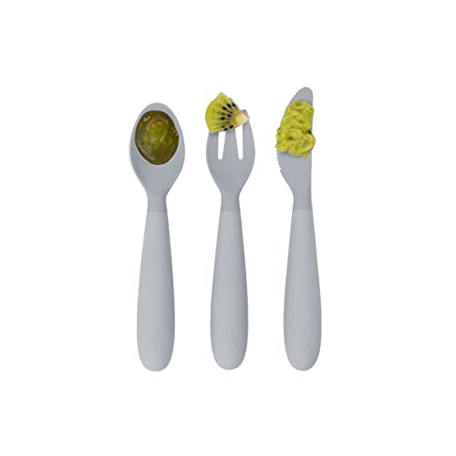ezpz Happy Utensils (Pewter) - 24 Months+ - BPA Free Toddler Utensils - Fork, Spoon and Knife for Toddlers and Preschoolers - Kids for Self-Feeding Development - Image 2