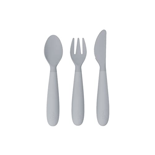 ezpz Happy Utensils (Pewter) - 24 Months+ - BPA Free Toddler Utensils - Fork, Spoon and Knife for Toddlers and Preschoolers - Kids for Self-Feeding Development - Image 1