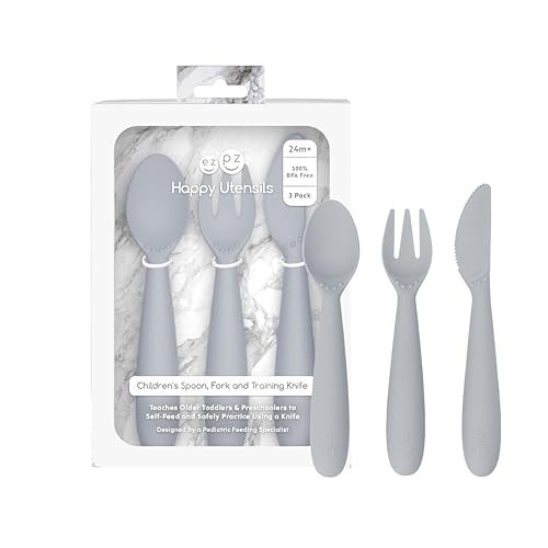 ezpz Happy Utensils (Pewter) - 24 Months+ - BPA Free Toddler Utensils - Fork, Spoon and Knife for Toddlers and Preschoolers - Kids for Self-Feeding Development - Image 4
