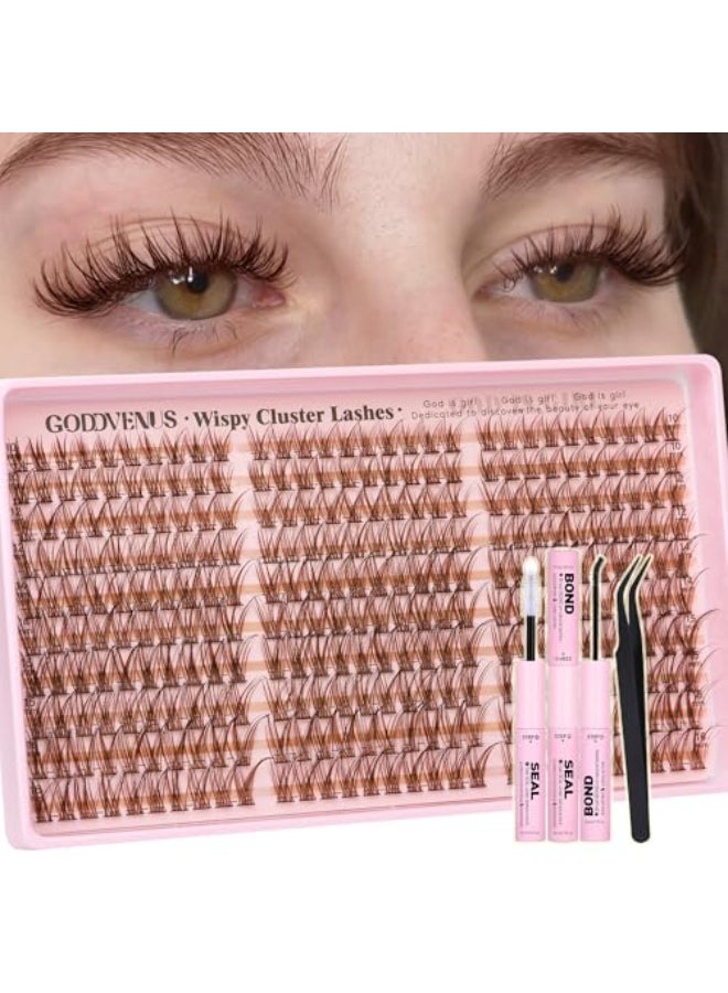 Goddvenus Brown Lash Clusters Kit Natural 300Pcs Wispy Lashes Cluster Eyelash Cluster Extensions Kit C Curve Individual Lashes Extensions Kit For DIY Waterproof Long Lasting Light Brown1016mm - Image 1