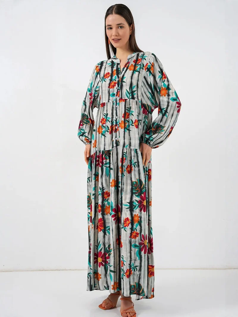 Big Dart Charcoal Grey BDART Patterned V-Neck Maxi Dress for Women | Best Price UAE