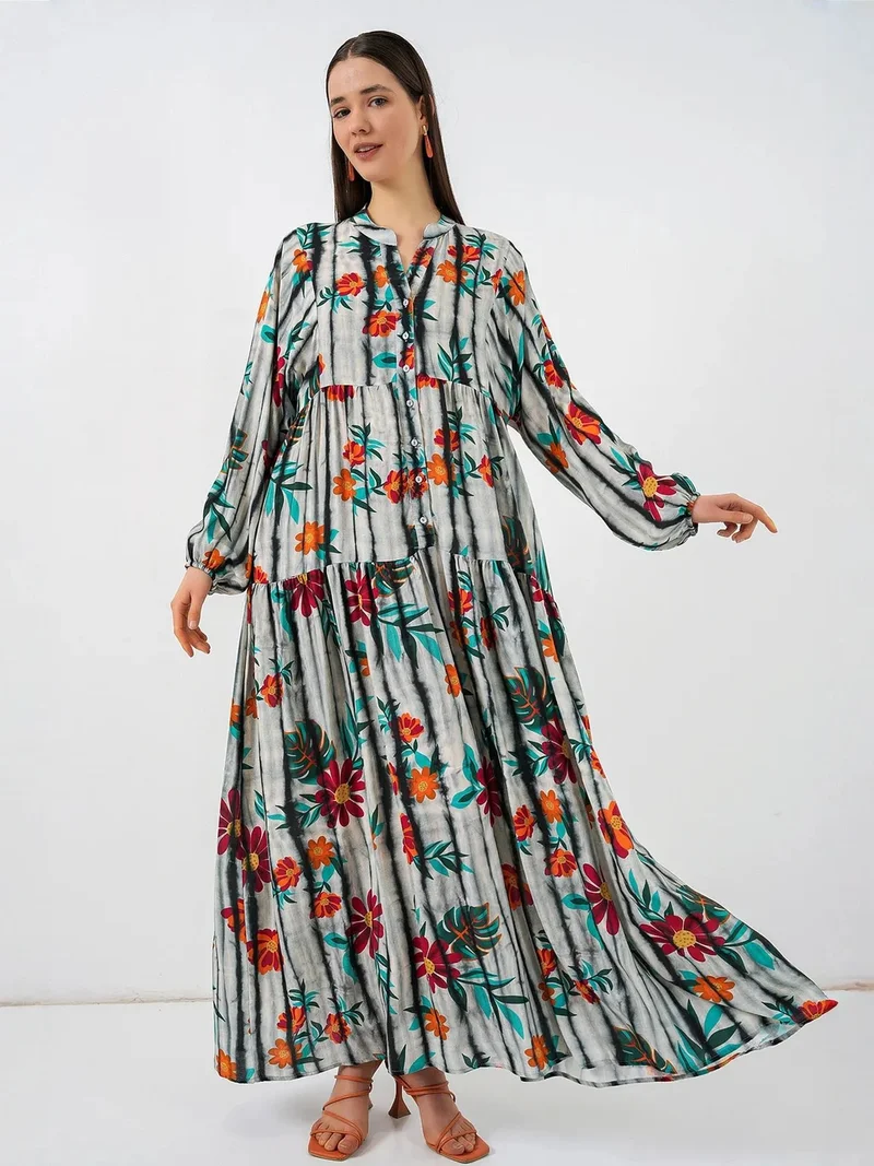 Big Dart Charcoal Grey BDART Patterned V-Neck Maxi Dress for Women | Best Price UAE