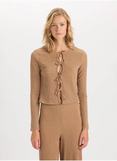 DeFacto Regular Fit Crew Neck Basic Ruched Detail Long Sleeve Cardigan  - Image 1