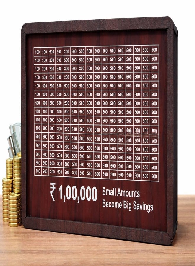 Feeling Hub Wooden Money Saving Box with Colorful Savings Chart | Decorative Piggy Bank for Kids & Adults | Secure Cash & Coin Collection Box for Home, Office & Gifting (Big Size 8 * 6 inch (Brown))
