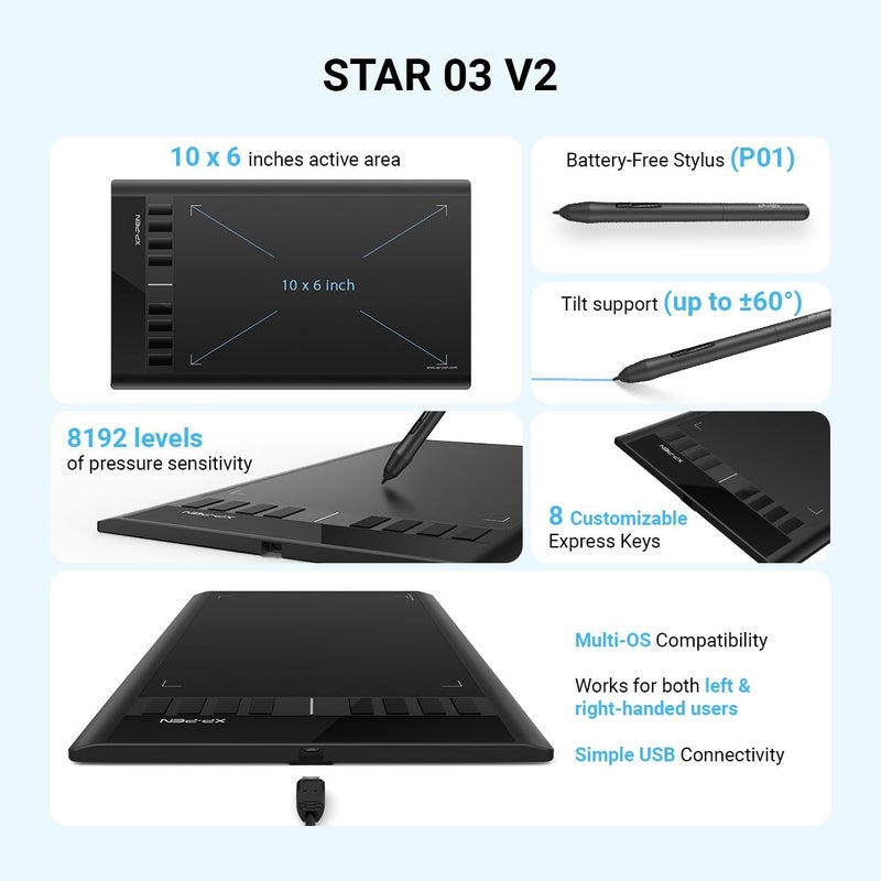 XPPen Star03 V2 8192 Levels of Pressure Sensitivity, Battery-Free Stylus, 8 Shortcut Keys and 8 nibs Graphics Drawing Tablet Pen (Black, 10 x6 Size) - Image 2