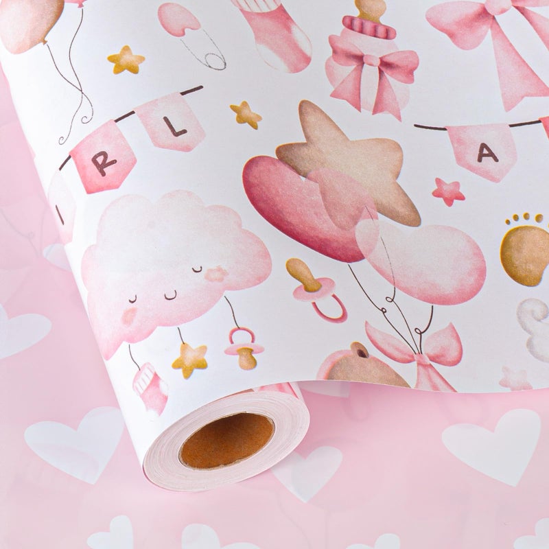 MAYPLUSS Pink Baby Wrapping Paper, Kid Gift Wrapping Papers, Adorable Pink Bear, Cloud, Balloon and Bow Pattern Baby Shower Wrapping Paper for Girl 1st Birthday, Party Celebrations(17 In X 33 Ft) - Image 1