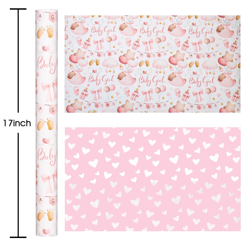 MAYPLUSS Pink Baby Wrapping Paper, Kid Gift Wrapping Papers, Adorable Pink Bear, Cloud, Balloon and Bow Pattern Baby Shower Wrapping Paper for Girl 1st Birthday, Party Celebrations(17 In X 33 Ft) - Image 3