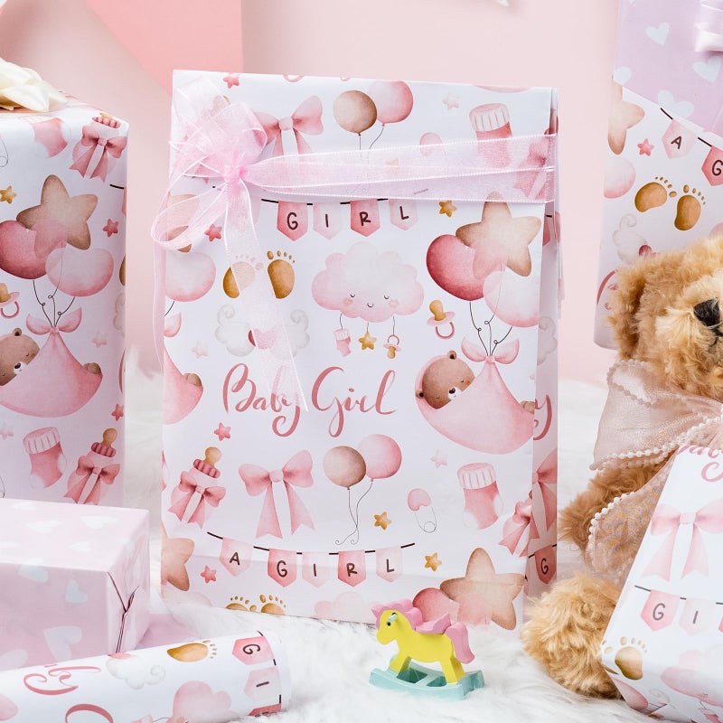 MAYPLUSS Pink Baby Wrapping Paper, Kid Gift Wrapping Papers, Adorable Pink Bear, Cloud, Balloon and Bow Pattern Baby Shower Wrapping Paper for Girl 1st Birthday, Party Celebrations(17 In X 33 Ft) - Image 5