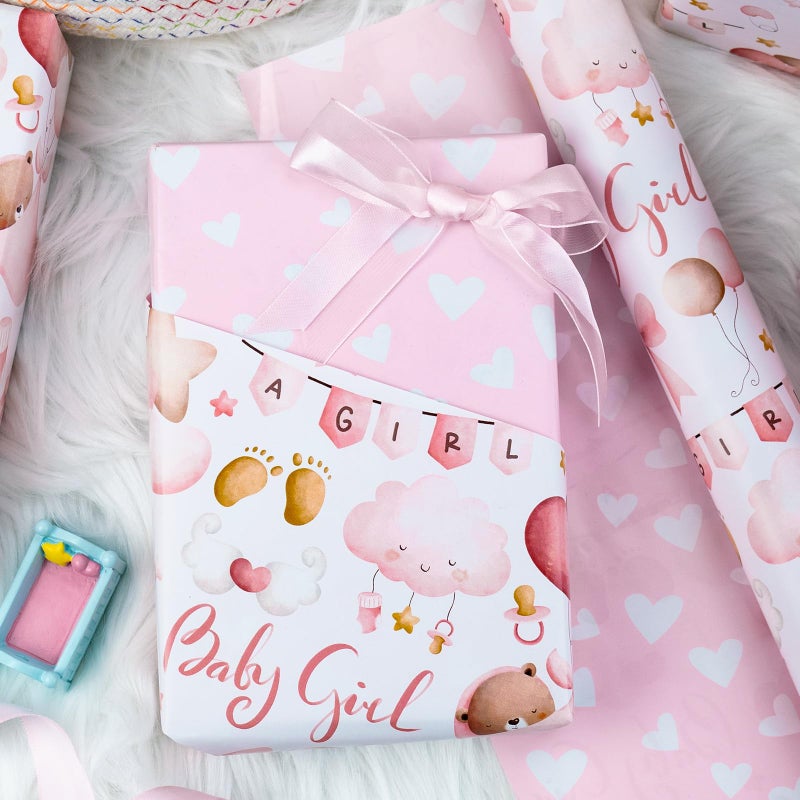 MAYPLUSS Pink Baby Wrapping Paper, Kid Gift Wrapping Papers, Adorable Pink Bear, Cloud, Balloon and Bow Pattern Baby Shower Wrapping Paper for Girl 1st Birthday, Party Celebrations(17 In X 33 Ft) - Image 2