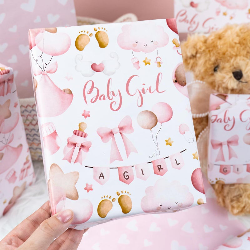 MAYPLUSS Pink Baby Wrapping Paper, Kid Gift Wrapping Papers, Adorable Pink Bear, Cloud, Balloon and Bow Pattern Baby Shower Wrapping Paper for Girl 1st Birthday, Party Celebrations(17 In X 33 Ft) - Image 4