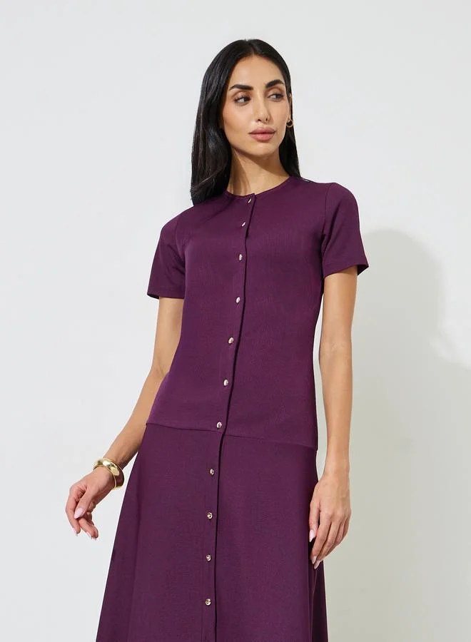 ستايلي Burgundy Solid Button Details Short Sleeves A-Line Midi Dress
