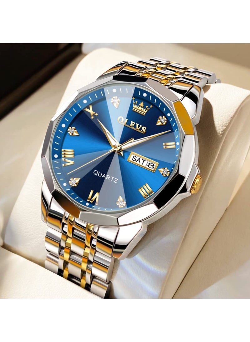 OLEVS - OLEVS Watch for Men Quartz Stainless Steel Waterproof Luminous Date Two Tone Luxury Wrist Watch - Image 1