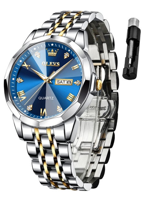 OLEVS Watch for Men Quartz Stainless Steel Waterproof Luminous Date Two Tone Luxury Wrist Watch