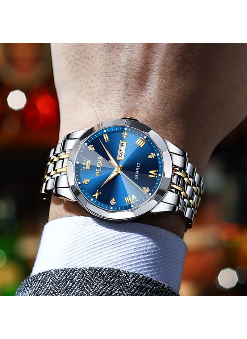 OLEVS - OLEVS Watch for Men Quartz Stainless Steel Waterproof Luminous Date Two Tone Luxury Wrist Watch - Image 1
