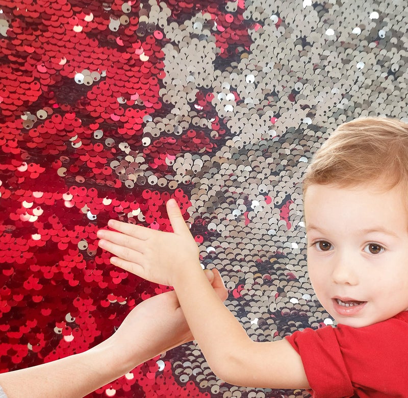 penepico Sensory Wall Sequin Flip Fabric for Kids,2Yd Large Sequins Sensory Materials Fidget Play for Toddlers,Tactile Stimulation,Reversible Glitter Fabric (2 yd, Bright Red + Silver) - Image 1