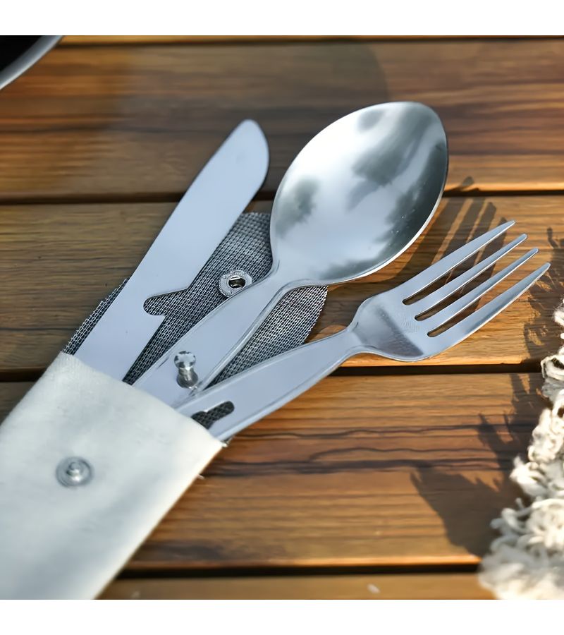 3 Piece Stainless Steel Foldable Cutlery Set With Travel Bag For Camping - Image 4